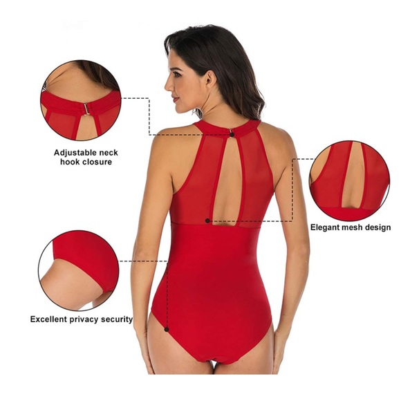 Chic High Neck Red One Piece Modest Swimsuit Halter Cutout Lined Full Coverage - Picture 7 of 7